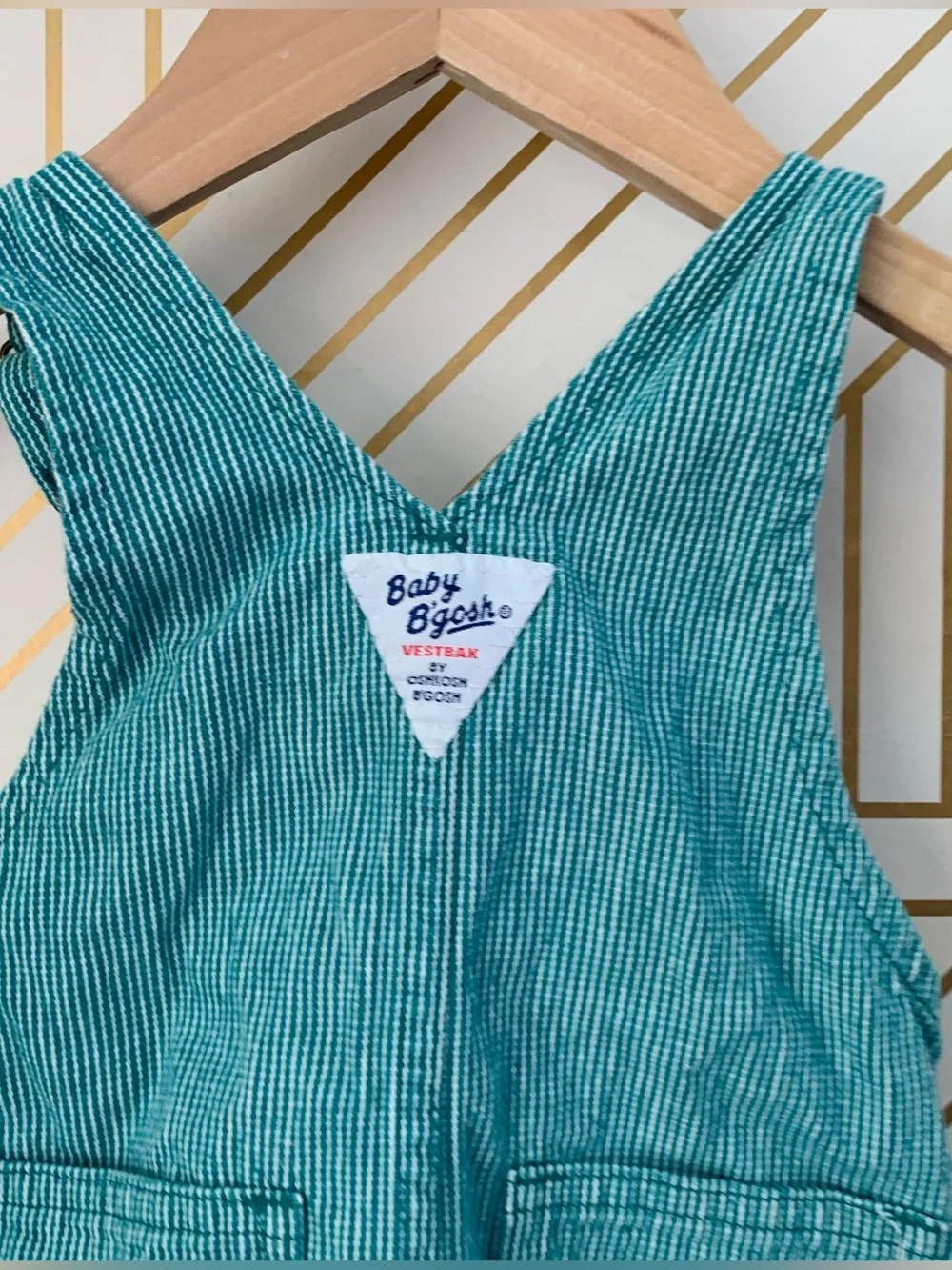 OshKosh B'gosh vintage 100% Cotton Hickory Stripe Vestbak Overall Teal White 18M